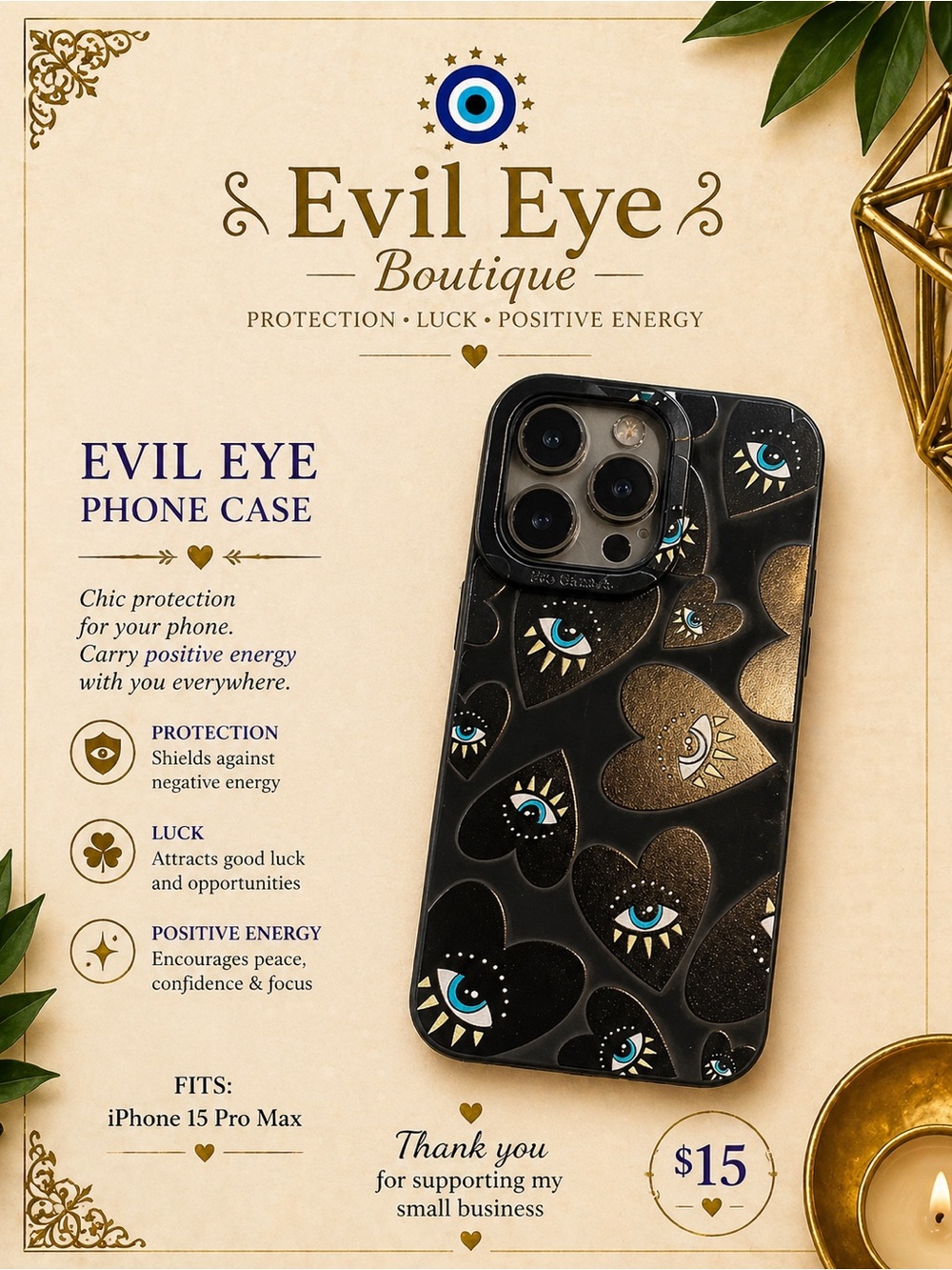 Evil Eye Black Phone Case for iPhone 15 Pro Max - Protection & Positive Energy